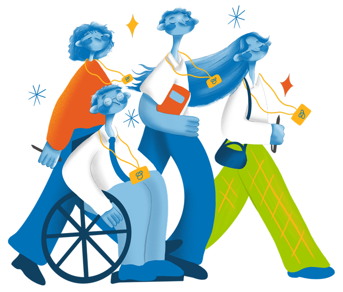 An illustration of a mixed group of 4 Estyn inspectors, one in a wheelchair and the others walking forward surrounded by stars